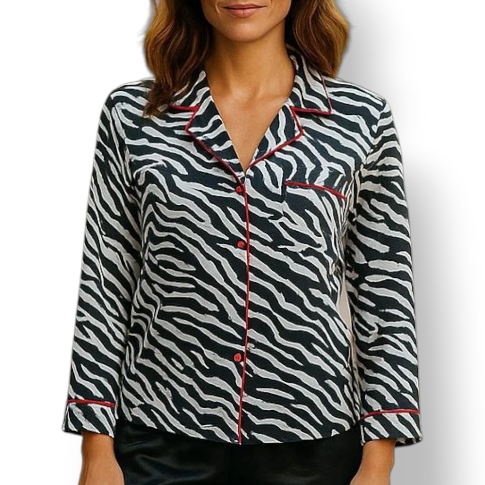 PINK K Satin Zebra Stripe Red Piping Buttondown Pajama Top Small